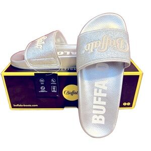Buffalo London Silver Glitter Rio Slides Metallic Logo Strap Sandals 38 / 7.5